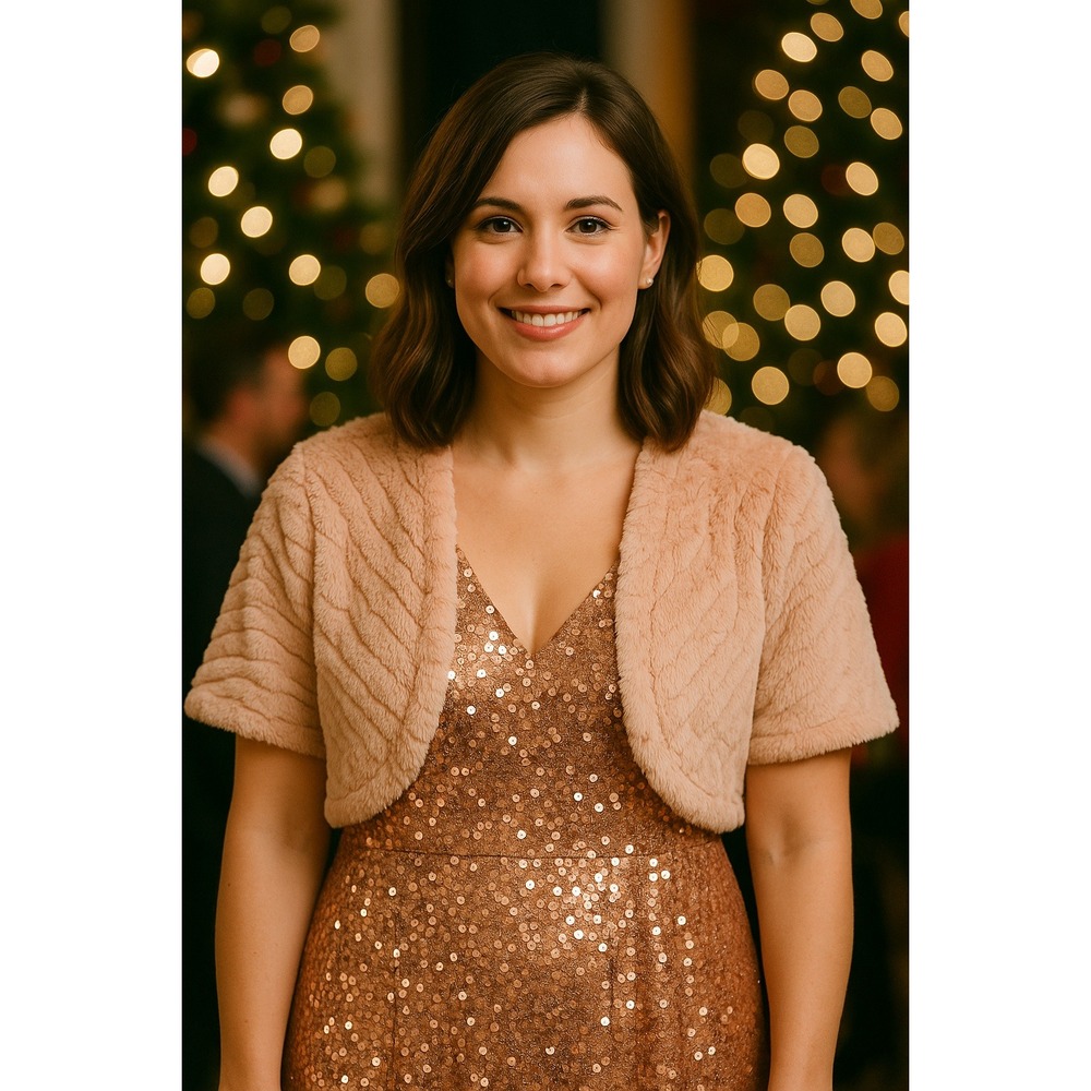 Pink Blush Fairy Party Holiday Soft Formal Event Faux Fur Sequin Bolero XL Shrug